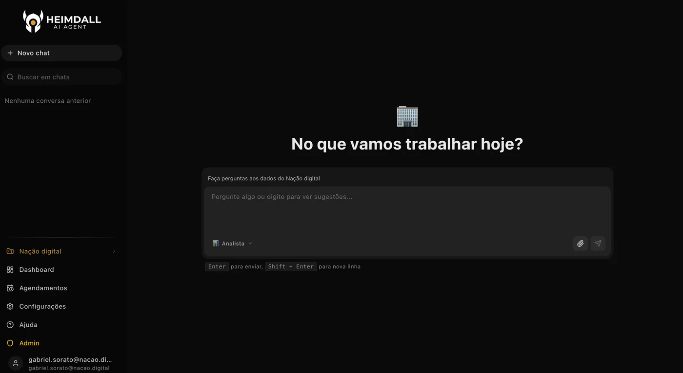Agente conversacional do cliente, com campo para perguntar aos dados da operação e seleção de perfil de análise.